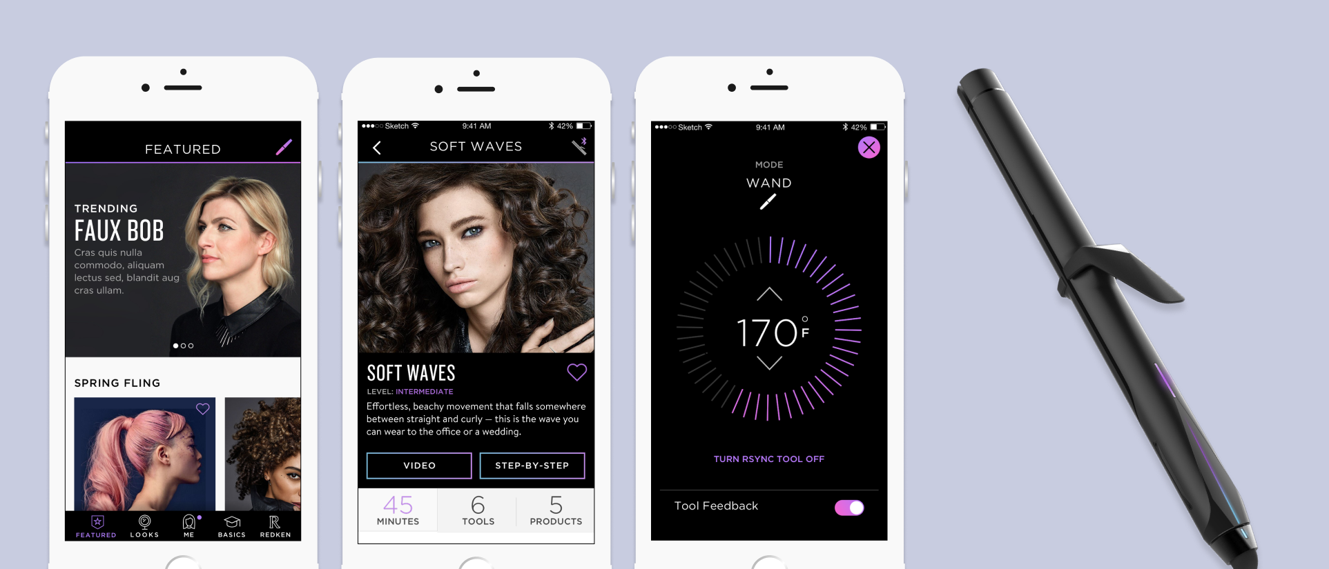 The RSYNC 3-in-1 styling tool beside the companion app